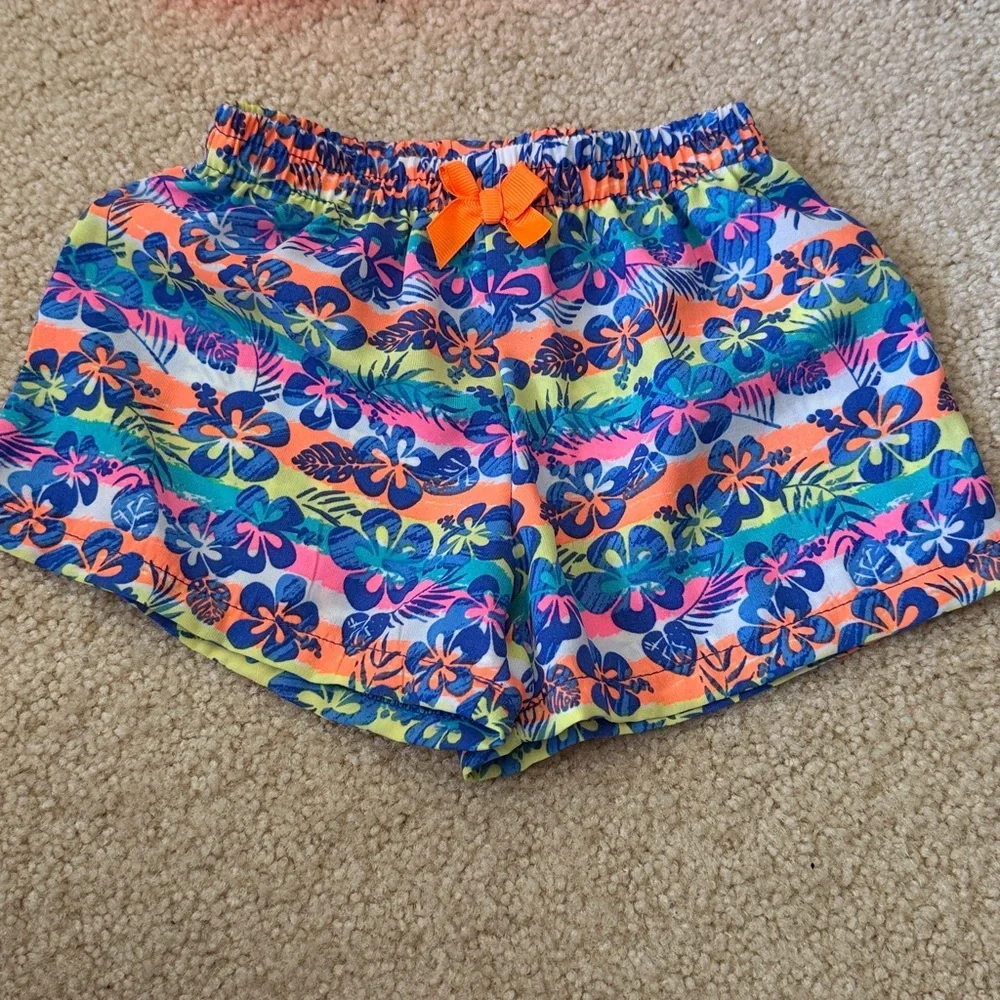 Little Lass Neon Orange Tiered Ruffle Tank with Tropical Floral Shorts - Picture 4 of 5